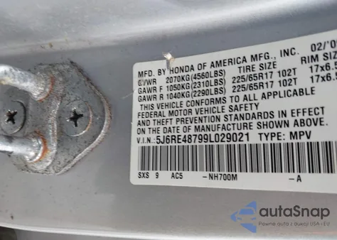 2009 Honda Cr-V Ex-L из США, поврежденный, VIN 5J6RE48799L029021